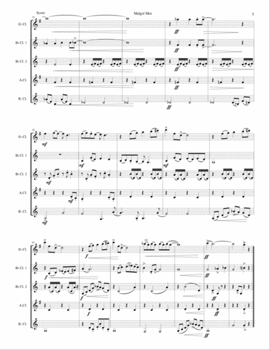 Malgré Moi for clarinet quintet (E flat, 2 B flats, alto and bass) Clarinet Quintet scores gallery preview page 5