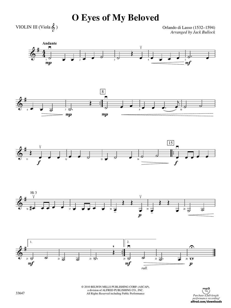 O Eyes of My Beloved: 3rd Violin (Viola [TC])