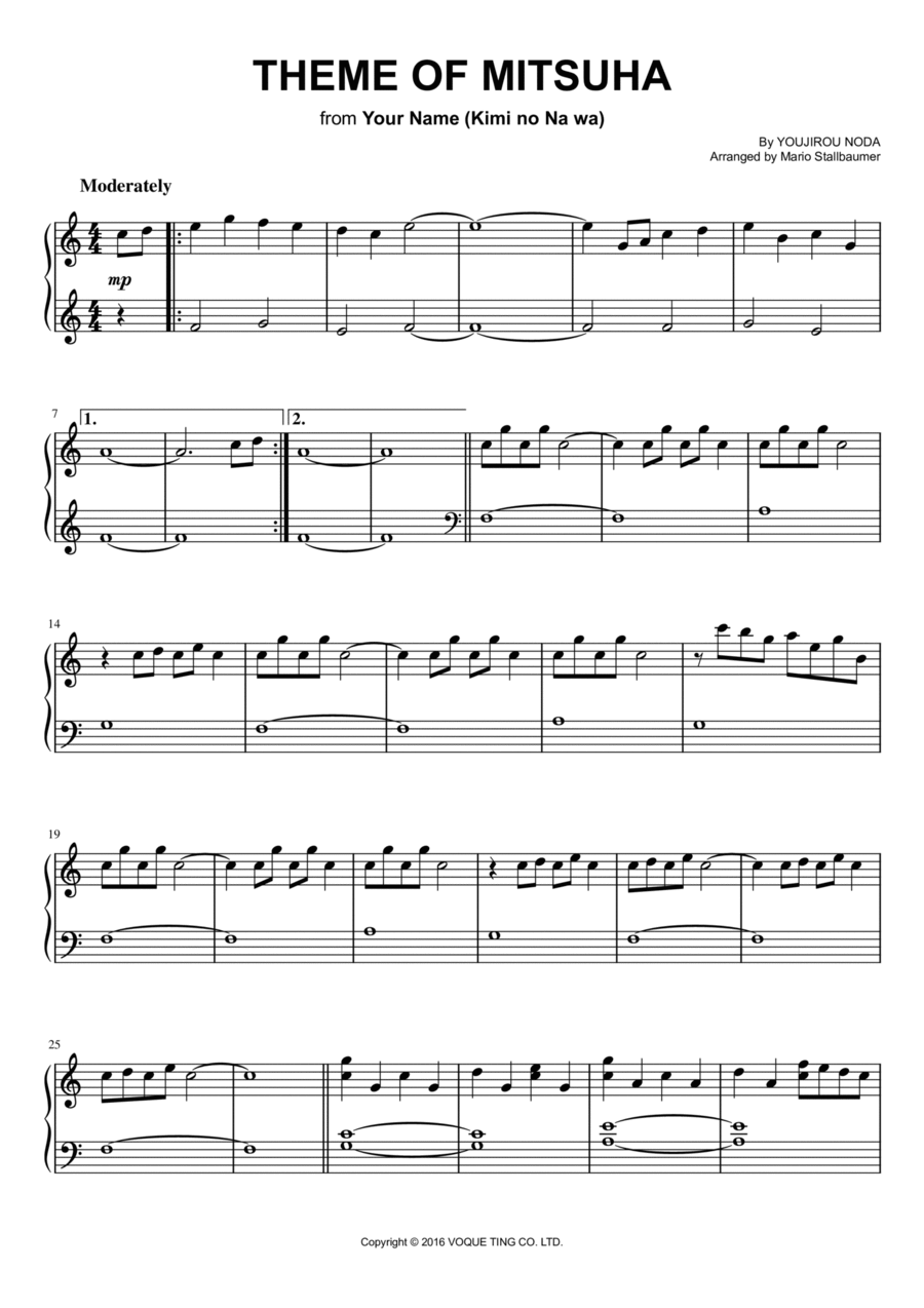 Mitsuha (kimi No Na Wa) Piano Solo scores gallery preview page 1