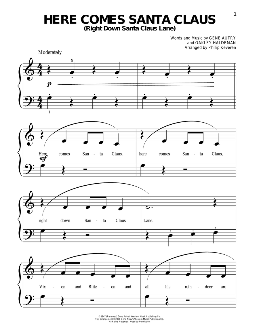Here Comes Santa Claus (Right Down Santa Claus Lane) (arr. Phillip Keveren) Easy Piano scores gallery preview page 1