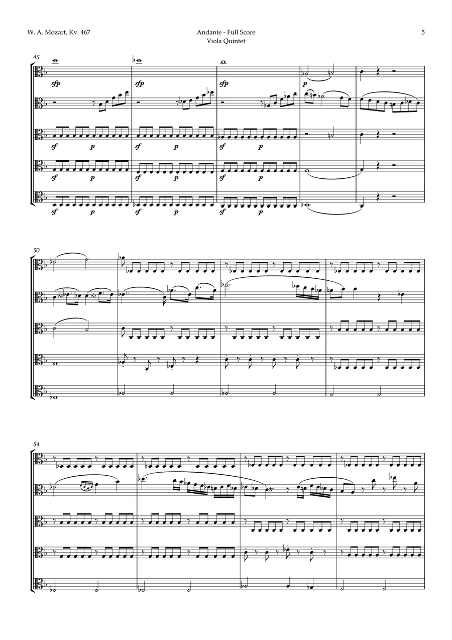 Andante from Piano Concerto No. 21 by Mozart for Viola Quintet String Quintet scores gallery preview page 5