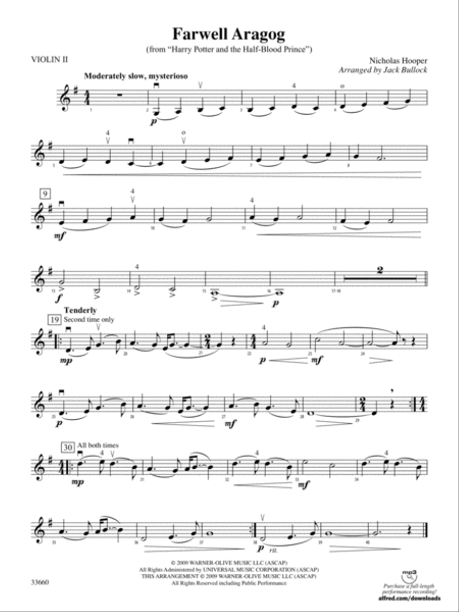 Farewell Aragog (from Harry Potter and the Half-Blood Prince): 2nd Violin String Orchestra scores gallery preview page 1