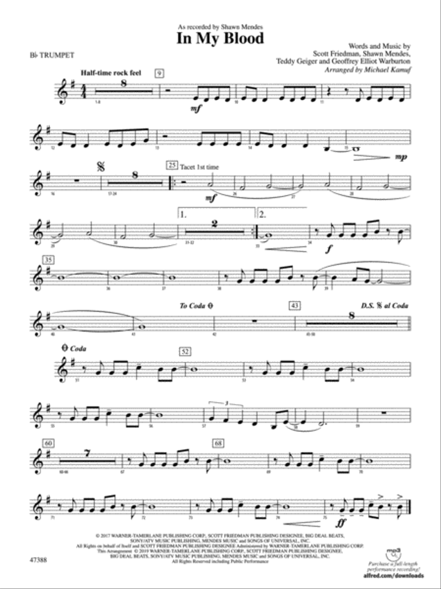 In My Blood: 1st B-flat Trumpet Concert Band scores gallery preview page 1