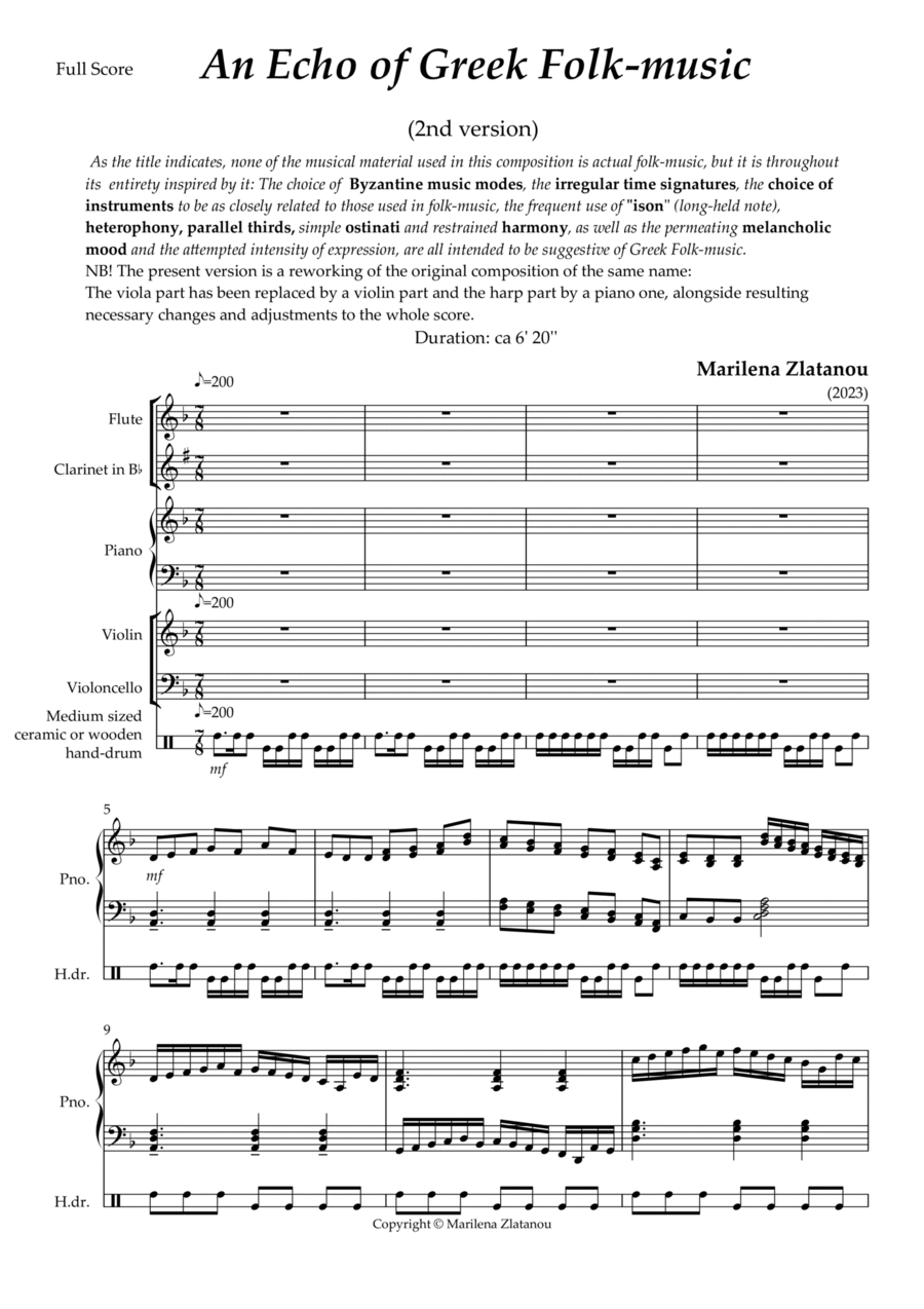 AN ECHO OG GREEK FOLK MUSIC, for chamber ens. Version 2 School and Community scores gallery preview page 1