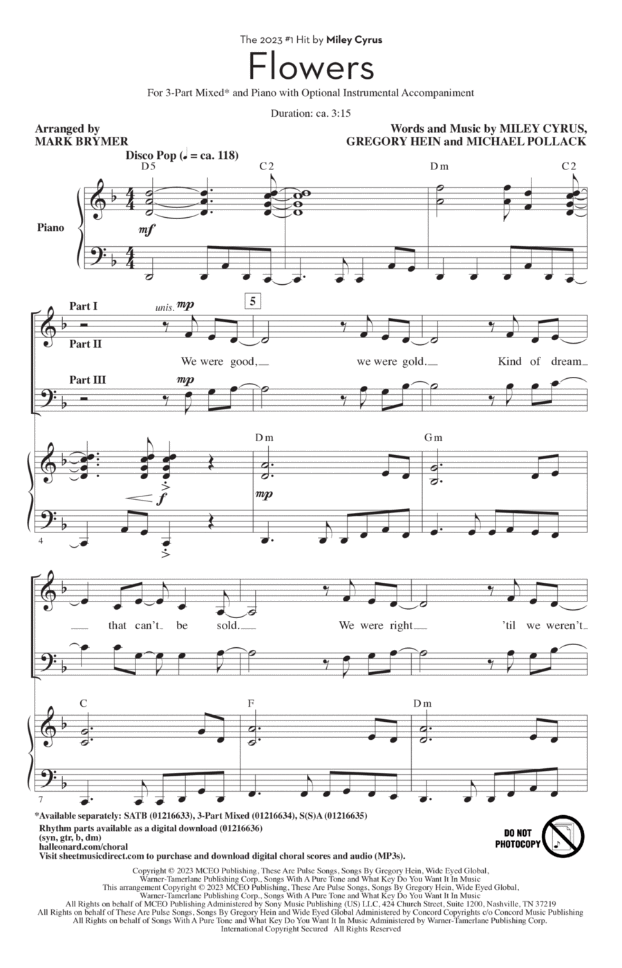 Flowers (arr. Mark Brymer) 3-Part scores gallery preview page 1