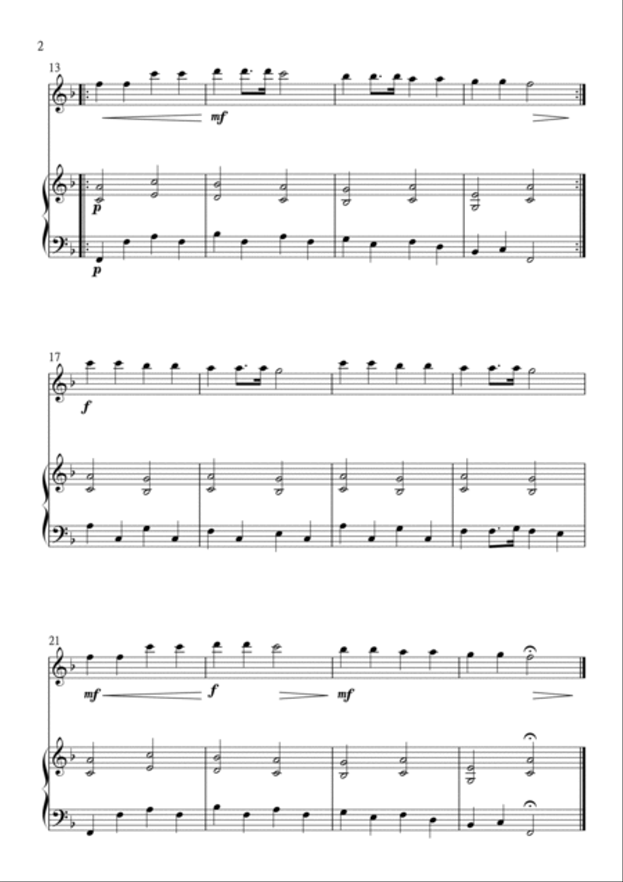 Twinkle Twinkle Little Star for Flute and Piano in F Major. Very Easy. Flute scores gallery preview page 2