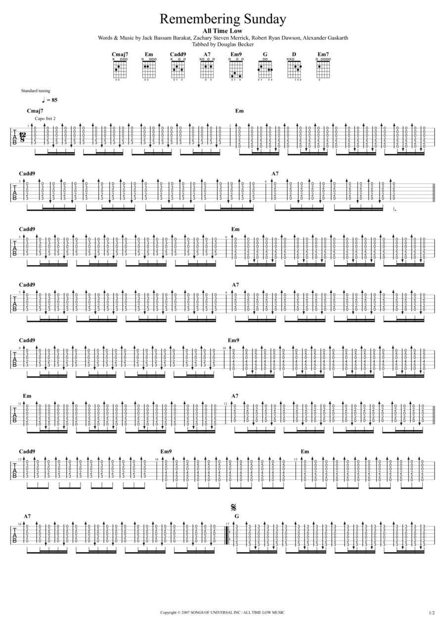 Remembering Sunday Guitar Tablature scores gallery preview page 1