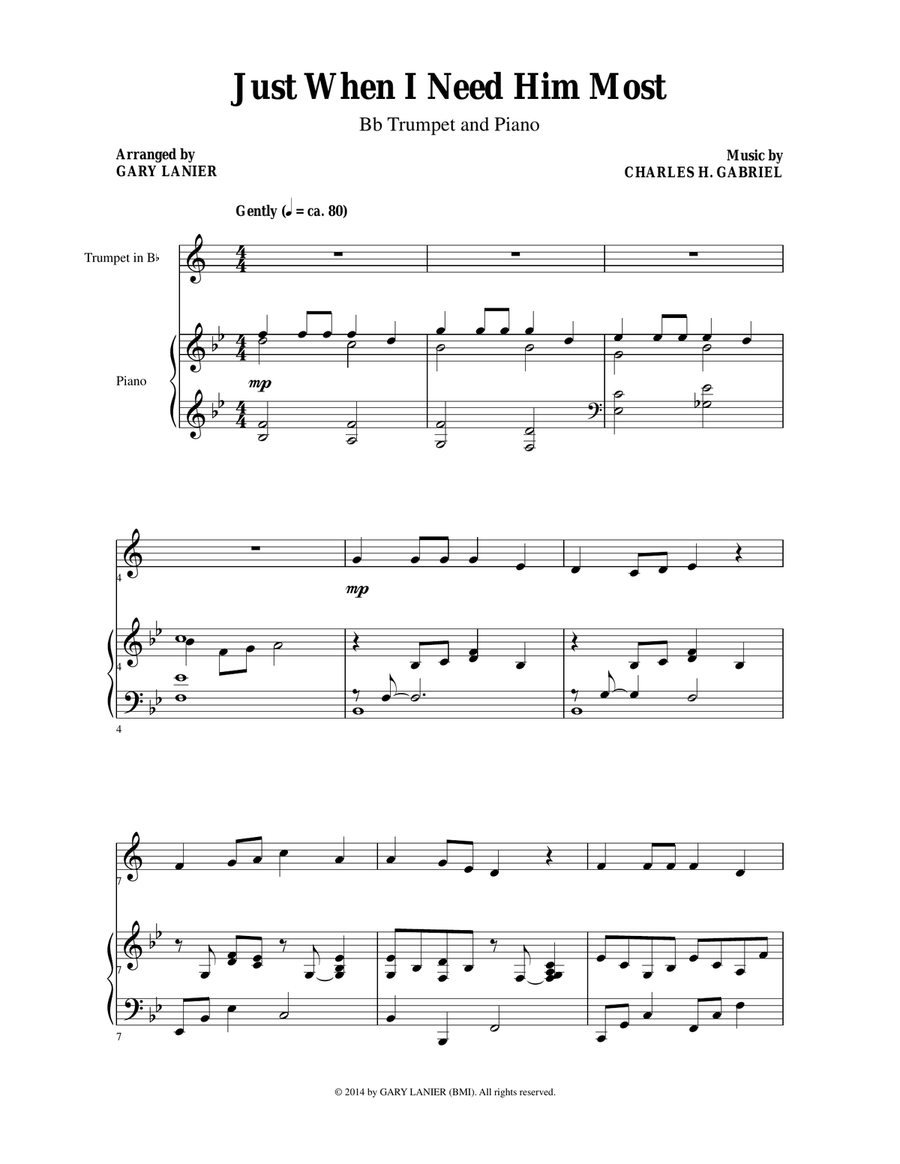 JUST WHEN I NEED HIM MOST (Trumpet/Piano and Trp Part) Trumpet Duet scores gallery preview page 1