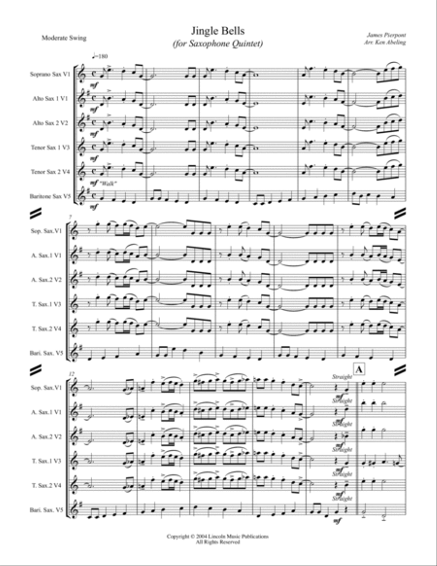 Jingle Bells (for Saxophone Quintet SATTB or AATTB) Jingle Bells (for Saxophone Quintet SATTB or AATTB) Saxophone Quintet scores gallery preview page 2