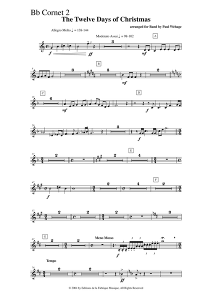 Paul Wehage : The Twelve Days Of Christmas, arranged for concert band, Bb cornet 2 part