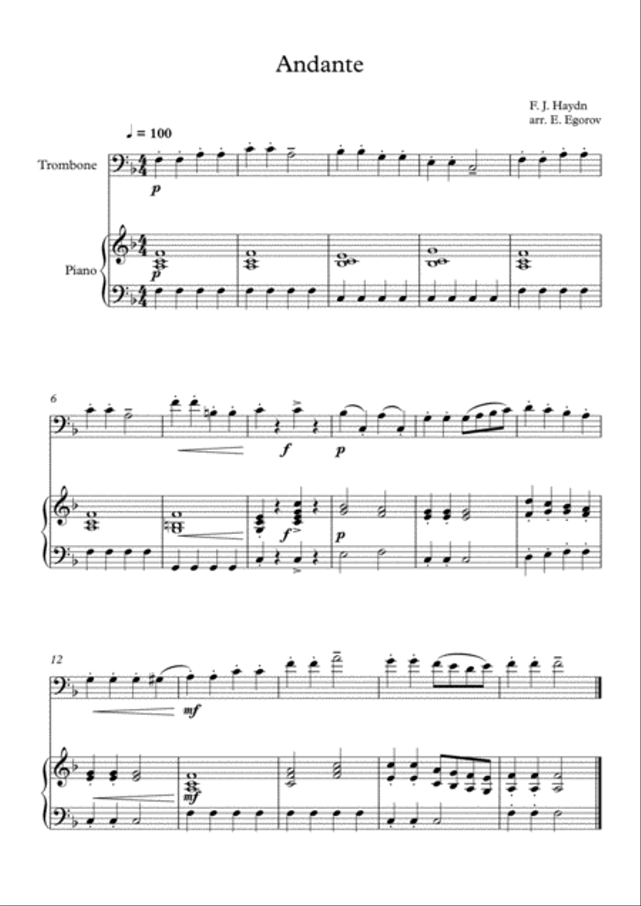 Andante (Surprise Symphony), Franz Joseph Haydn, For Trombone & Piano Piano Accompaniment scores gallery preview page 1