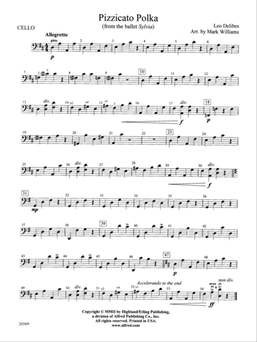 Pizzicato Polka (from the ballet Sylvia): Cello String Orchestra scores gallery preview page 1