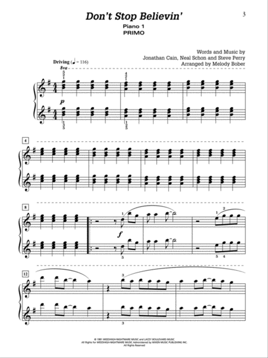 Don't Stop Believin': by Journey - Piano Quartet (2 Pianos, 8 Hands) Cello scores gallery preview page 2
