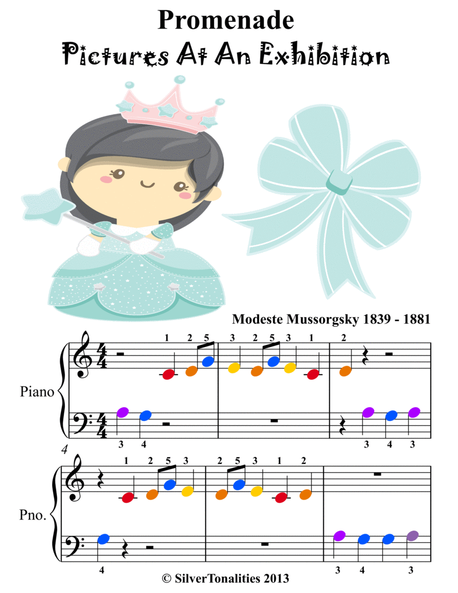 Promenade Pictures at an Exhibitions Beginner Piano Sheet Music with Colored Notations