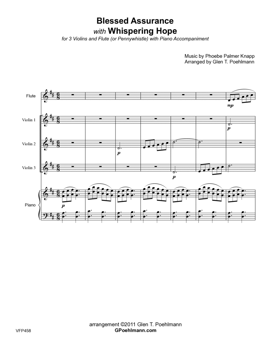 BLESSED ASSURANCE with WHISPERING HOPE - 3 Violins & Flute with Piano Accompaniment Small Ensemble scores gallery preview page 1