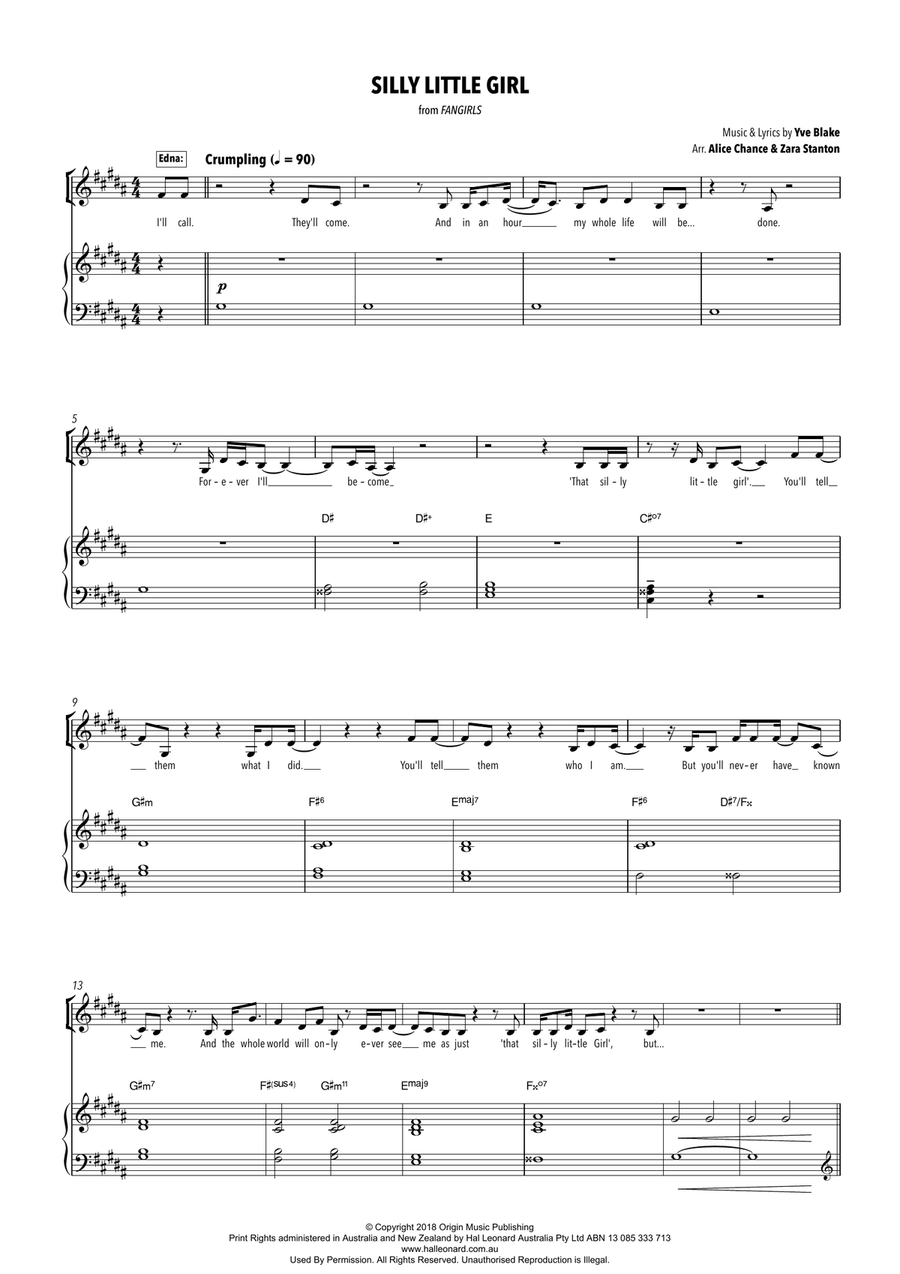 Silly Little Girl (from Fangirls) (arr. Alice Chance and Zara Stanton) Piano, Vocal scores gallery preview page 1