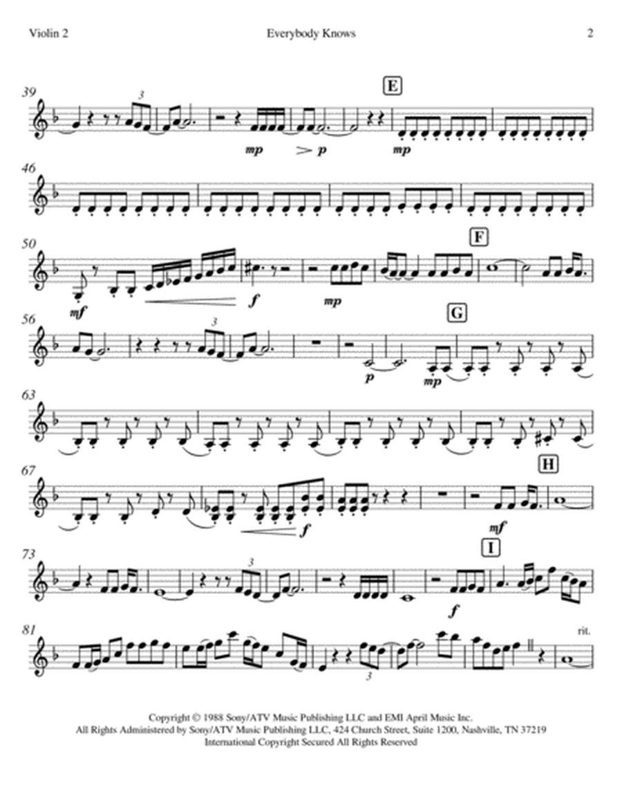 "Everybody Knows" (Second Violin Part-String Quartet)