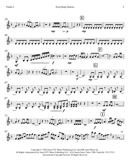 "Everybody Knows" (Second Violin Part-String Quartet)