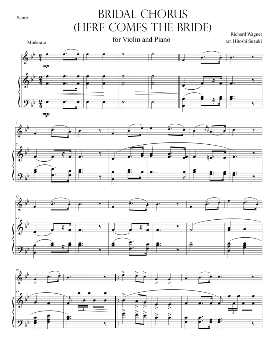 Bridal Chorus (Here Comes the Bride) for Violin & Piano Duo Chamber Music scores gallery preview page 1
