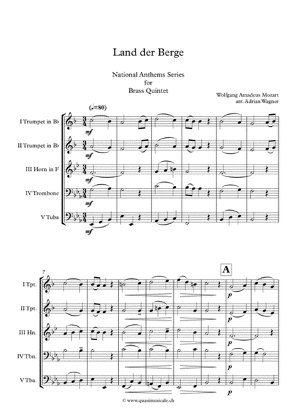 "Land der Berge" (National Anthem of Austria) Brass Quintet arr. Adrian Wagner image number null