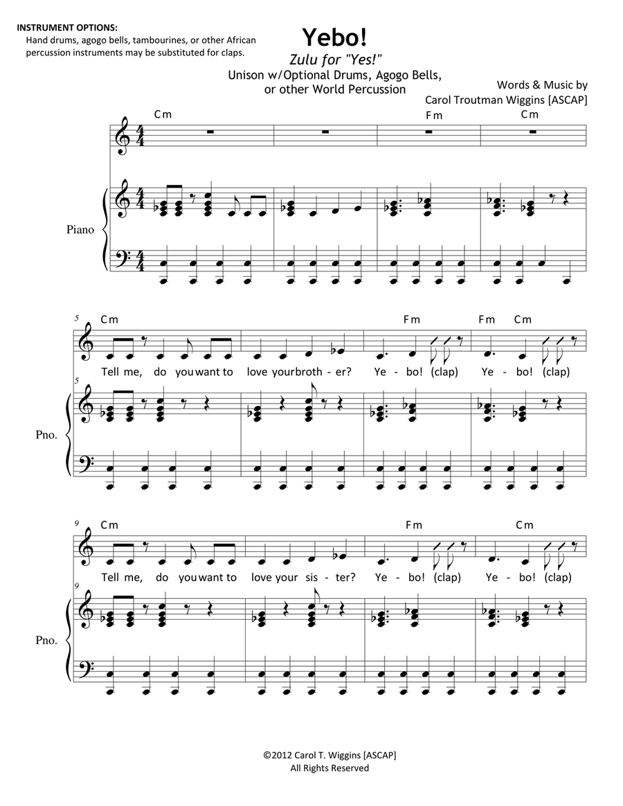 Yebo! (Zulu for 'Yes') Unison Choir scores gallery preview page 1