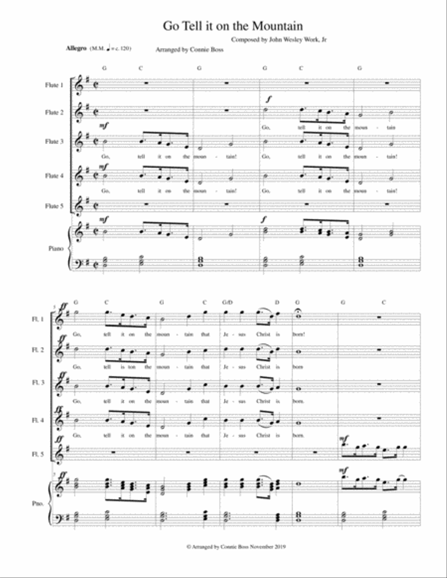 Go Tell It on the Mountain - Flute quartet and Piano Woodwind Quintet scores gallery preview page 1