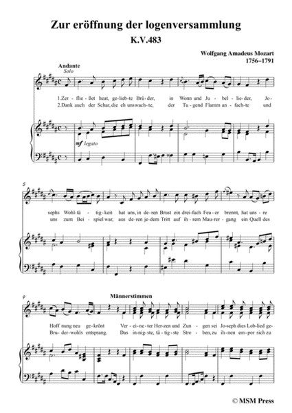 Mozart-Zur eröffnung der logenversammlung,in B Major,for Voice and Piano image number null