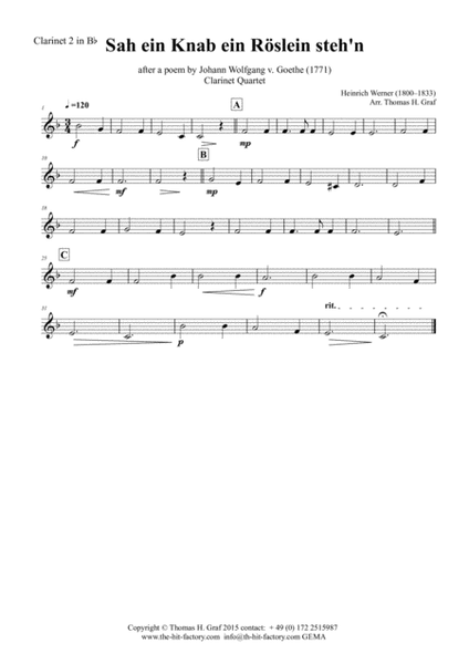Sah ein Knab ein Roeslein stehn - German Folk Song - Clarinet Quartet image number null