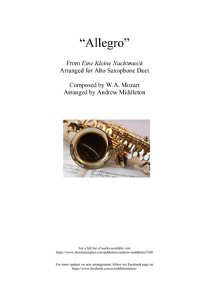 Book cover for Eine Kleine Nachtmusik arranged for Alto Saxophone Duet