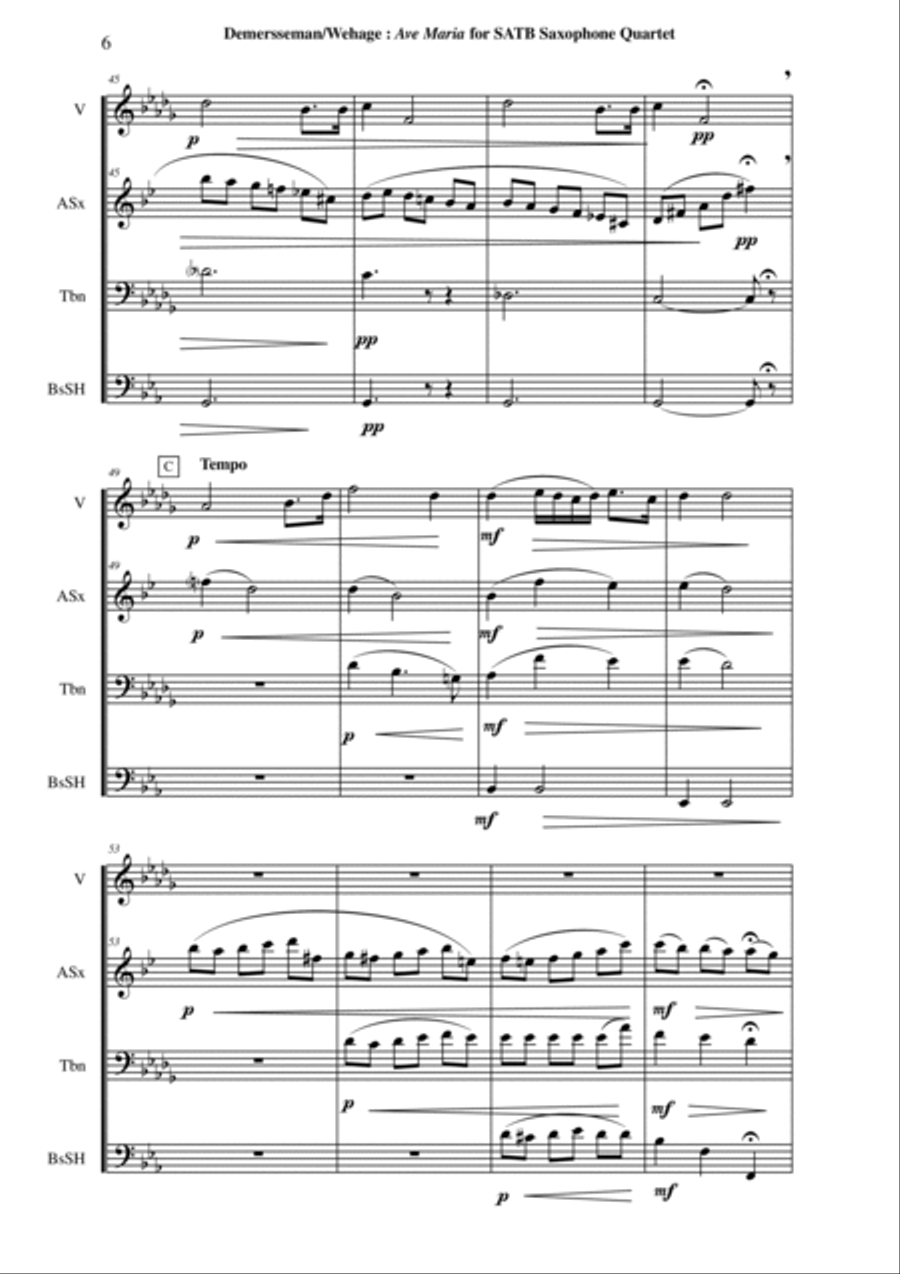 Jules Demersseman : Ave Maria for medium voice, alto saxophone, valve trombone and Bb bass saxhorn Small Ensemble scores gallery preview page 6