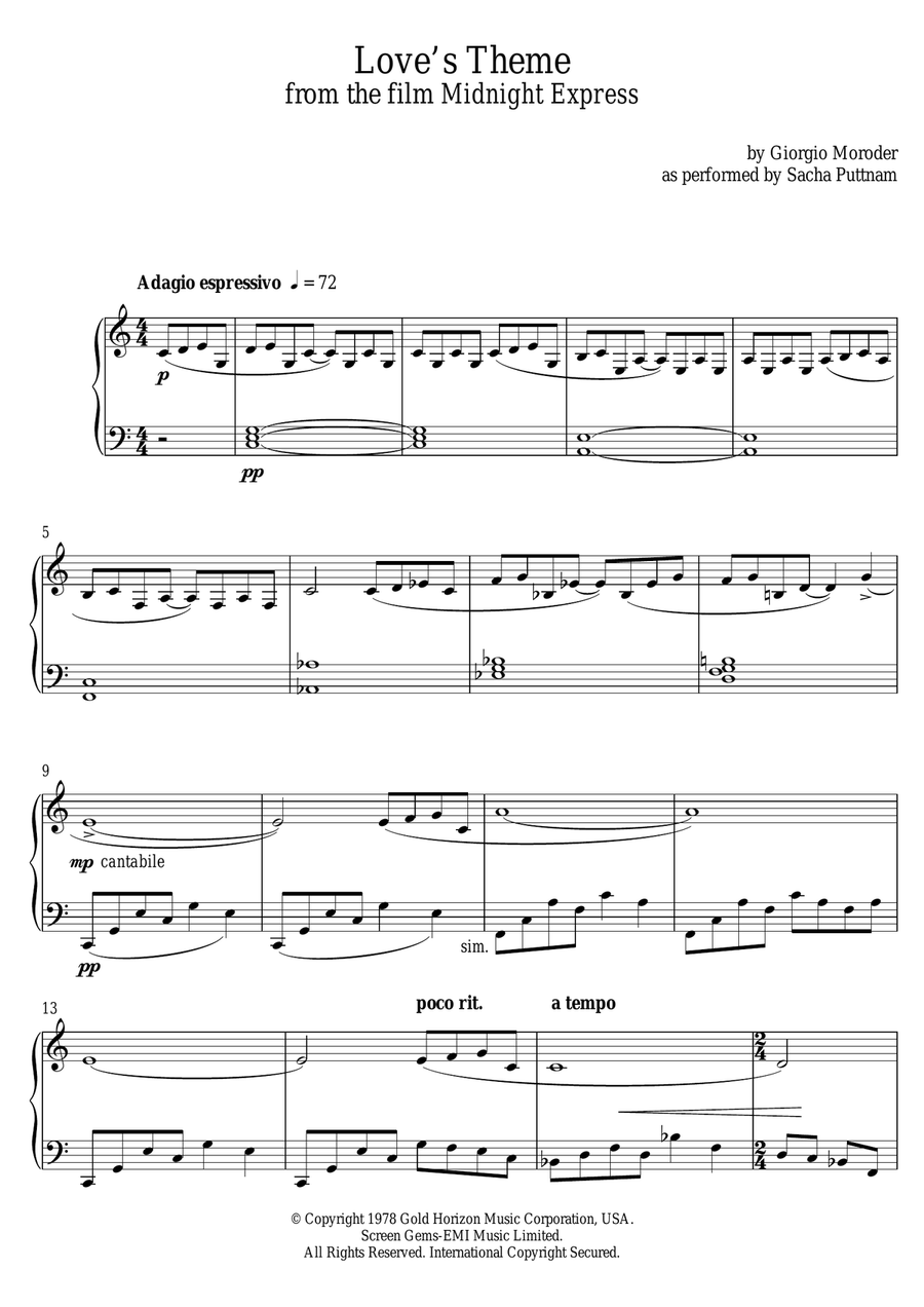 Love's Theme (from Midnight Express) (as performed by Sacha Puttnam) Piano Solo scores gallery preview page 1