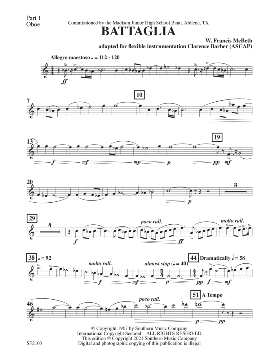 Battaglia - Oboe 1 Concert Band scores gallery preview page 1