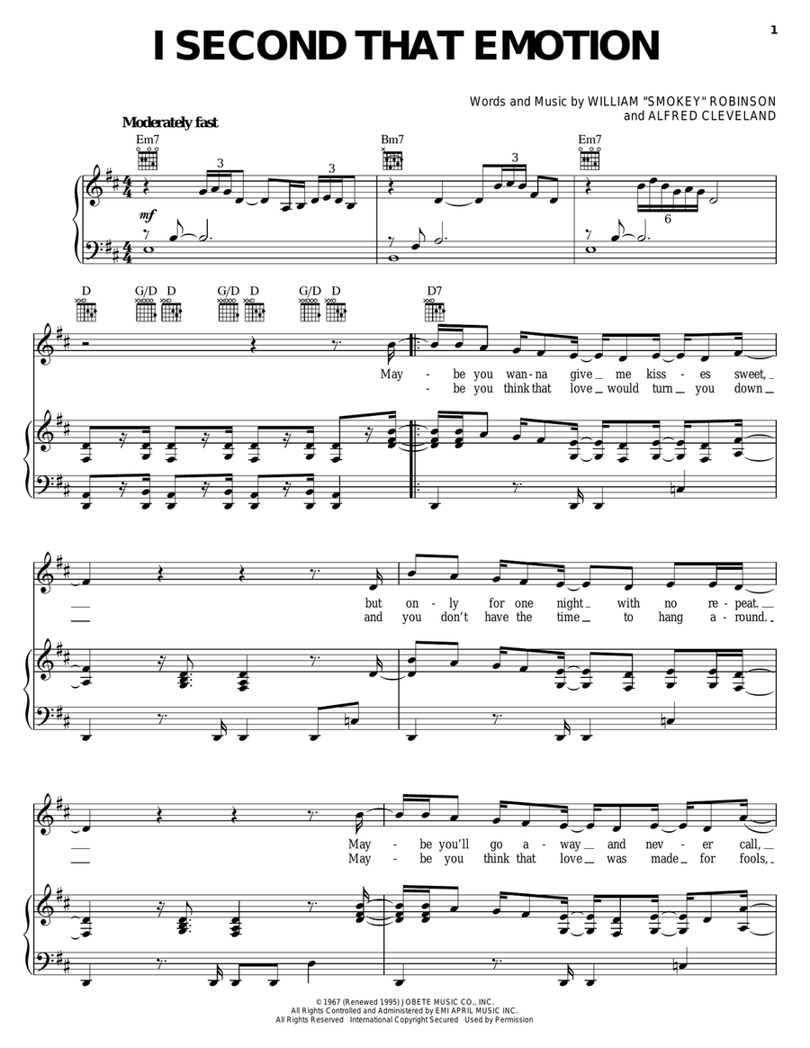 I Second That Emotion Piano, Vocal, Guitar scores gallery preview page 1