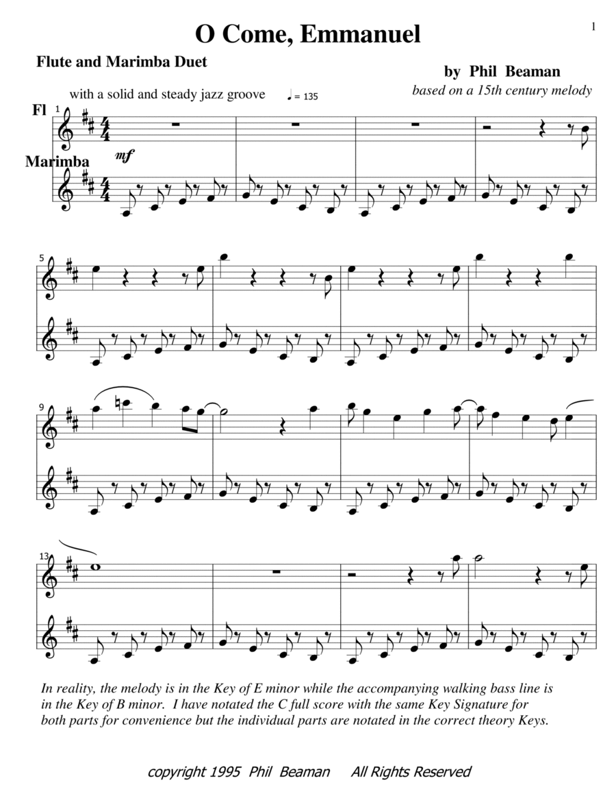 O Come, Emmanuel - jazz flute and marimba Flute scores gallery preview page 1