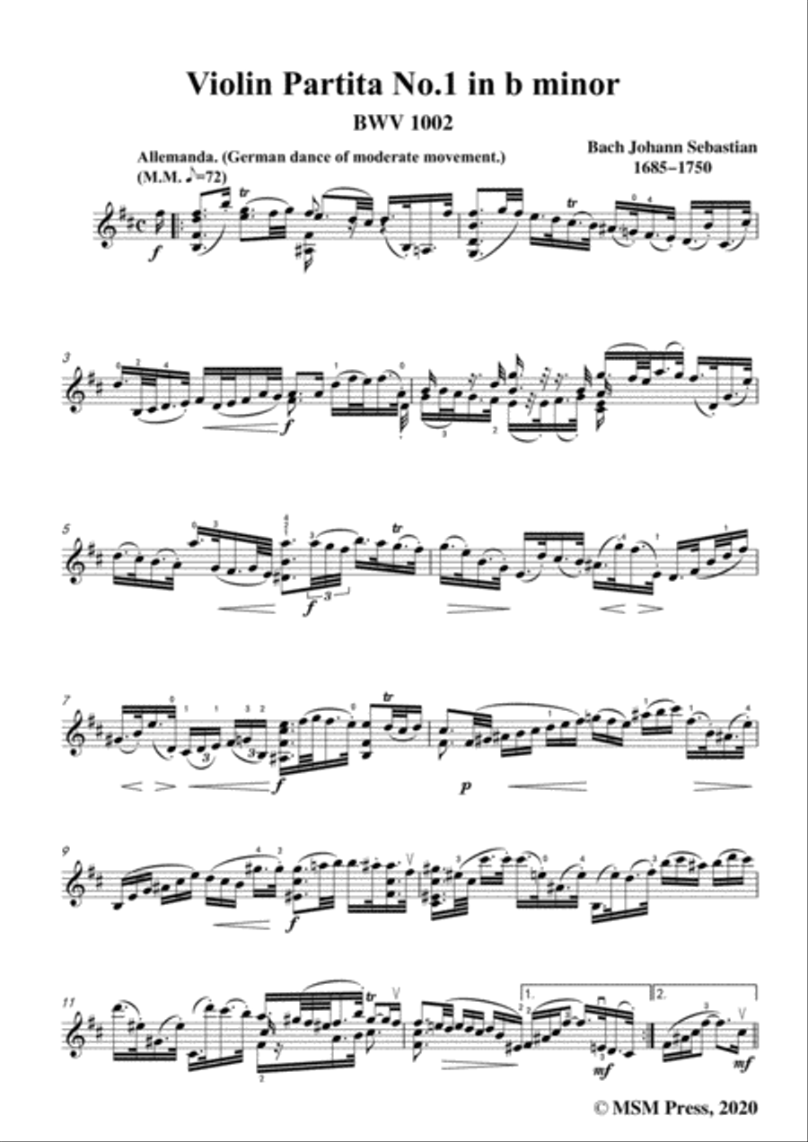 Bach,J.S.-Violin Partita No.1,in b minor,BWV 1002,for Violin Violin Solo scores gallery preview page 3