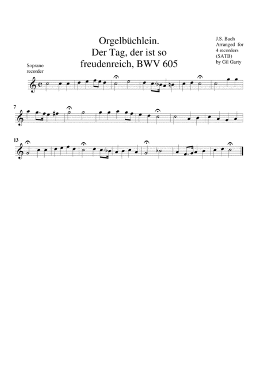 Der Tag, der ist so freudenreich, BWV 605 from Orgelbuechlein (arrangement for 4 recorders) Recorder scores gallery preview page 3