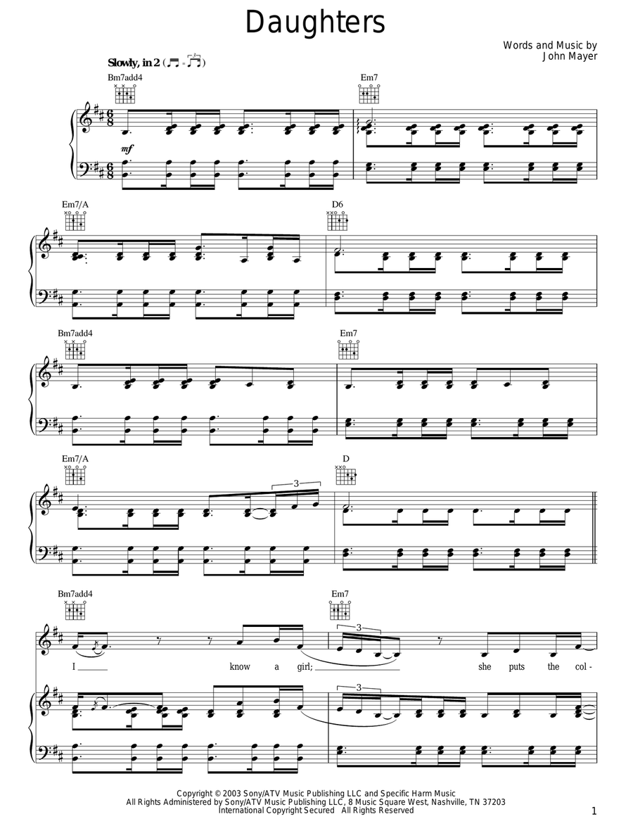 Daughters Piano, Vocal, Guitar scores gallery preview page 1
