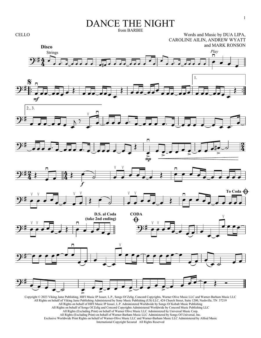Dance The Night (from Barbie) by Dua Lipa Cello Solo - Digital Sheet Music
