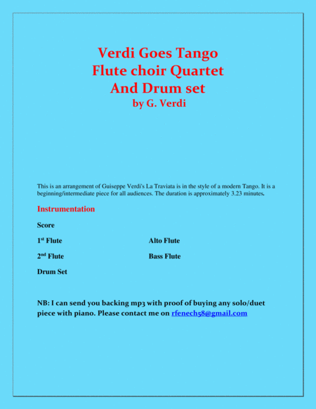 Verdi Goes Tango - G.Verdi - 2 Flutes, Alto Flute, Bass Flute and Drum Set image number null