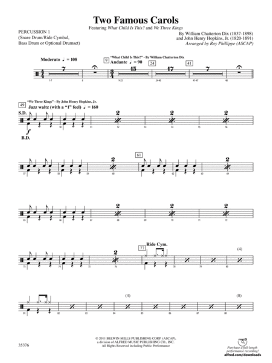 Two Famous Carols: 1st Percussion Concert Band scores gallery preview page 1