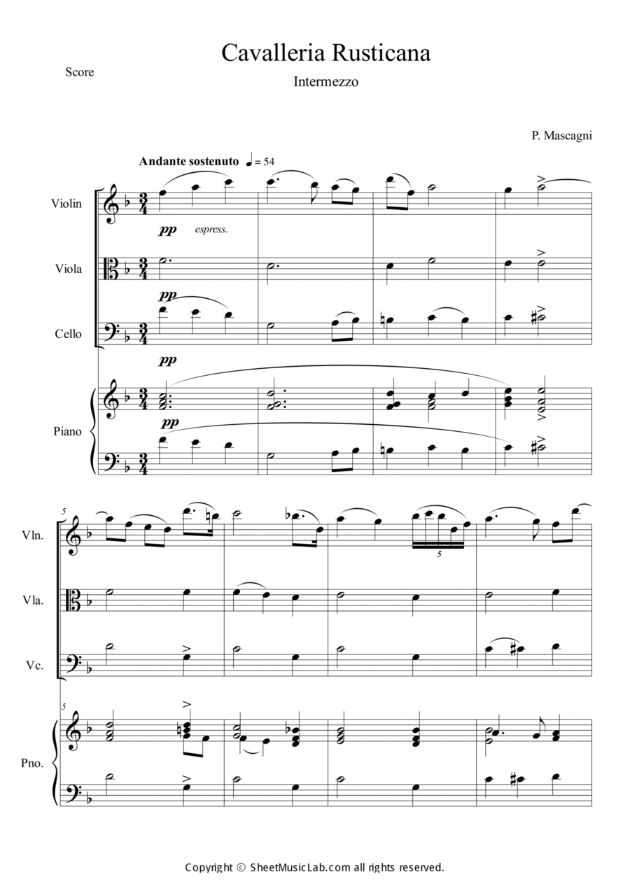Cavalleria Rusticana Piano Quartet scores gallery preview page 1