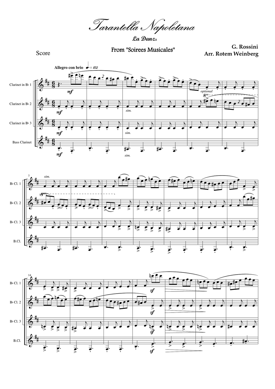 Tarantella Napoletana, La Danza (Clarinet Quartet) Clarinet Quartet scores gallery preview page 1