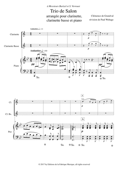 Clémence de Grandval: Trio de Salon, Opus 8 arranged for Bb clarinet, bass clarinet and piano