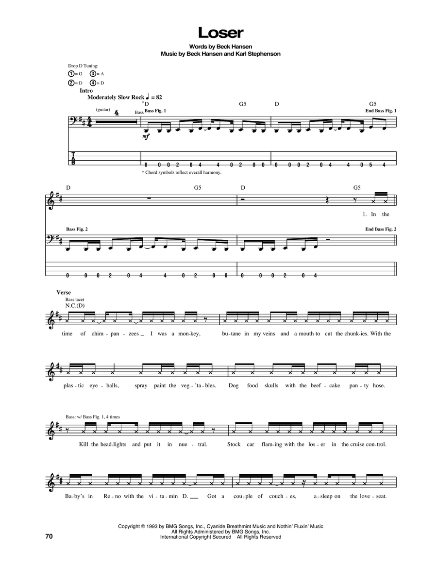 Loser Bass Guitar Tablature scores gallery preview page 1