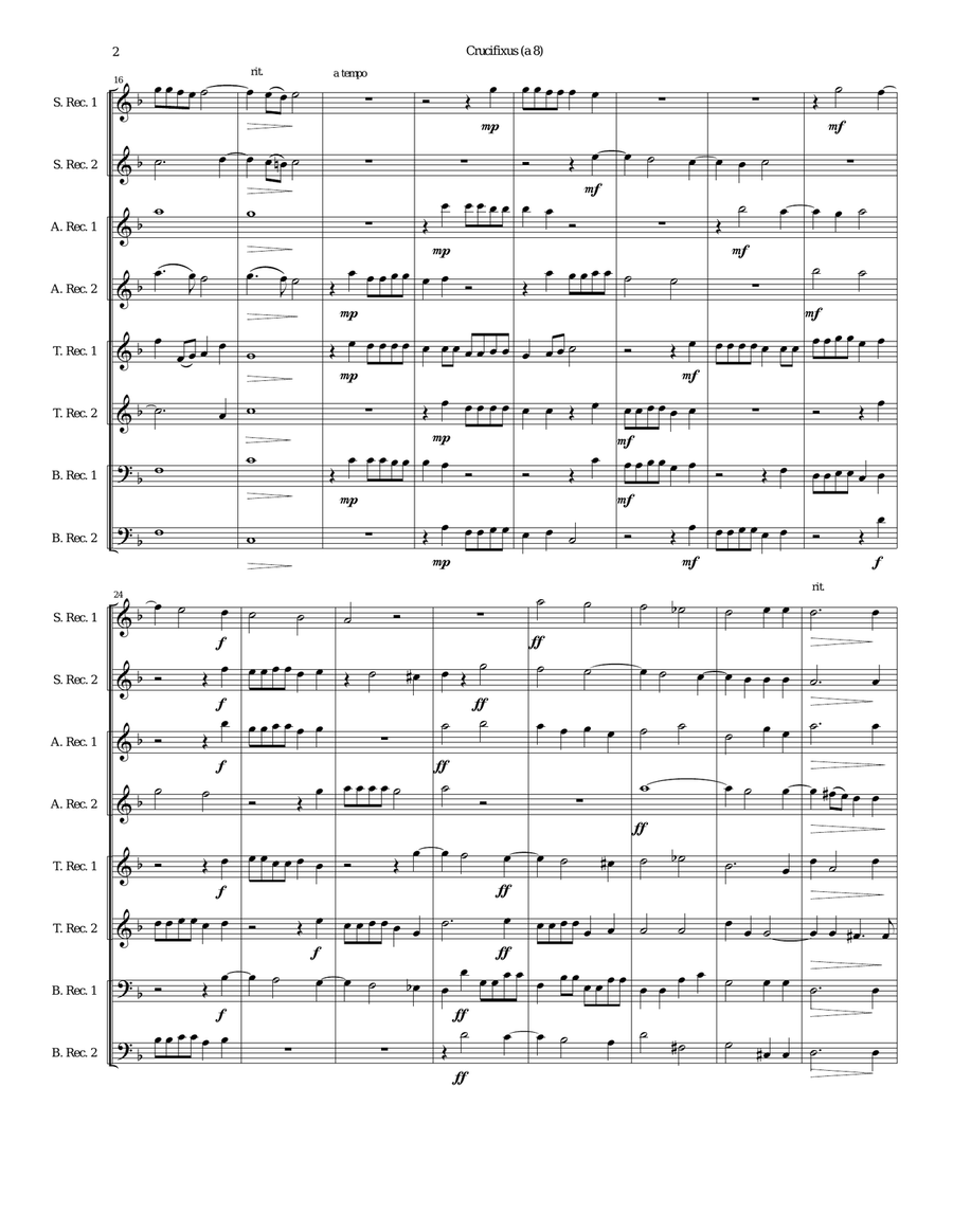 Crucifixus a 8 for recorder octet (or recorder orchestra) Soprano Recorder scores gallery preview page 2