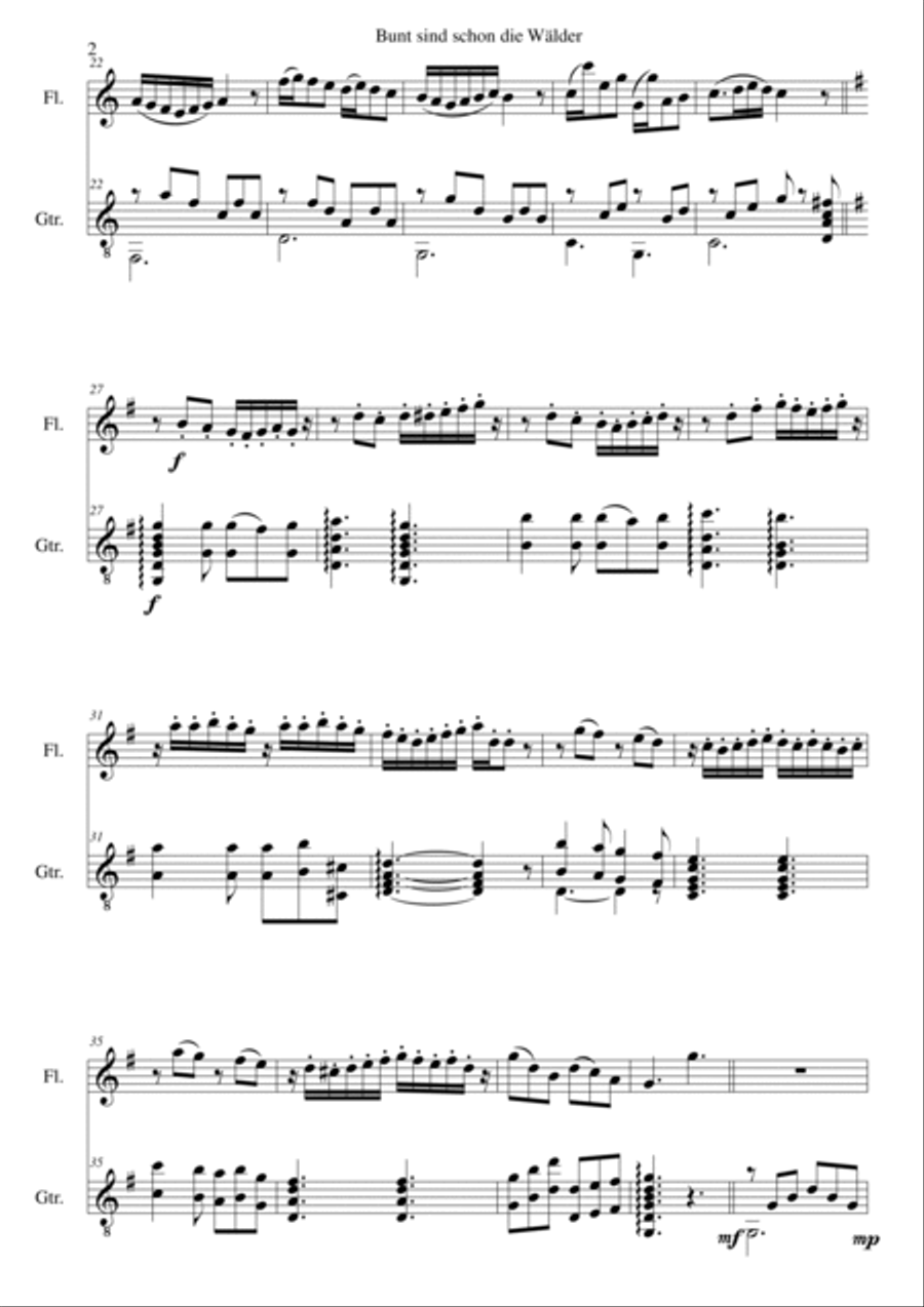 Bunt sind schon die Wälder (Woods in autumn colours) for flute and guitar Flute scores gallery preview page 2