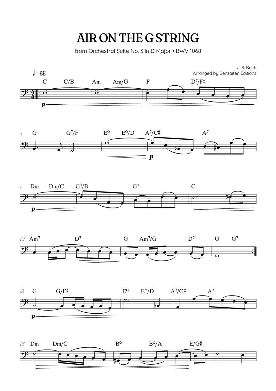 JS Bach • Air on the G String from Suite No. 3 BWV 1068 | trombone sheet music w/ chords Trombone Solo scores gallery preview page 1