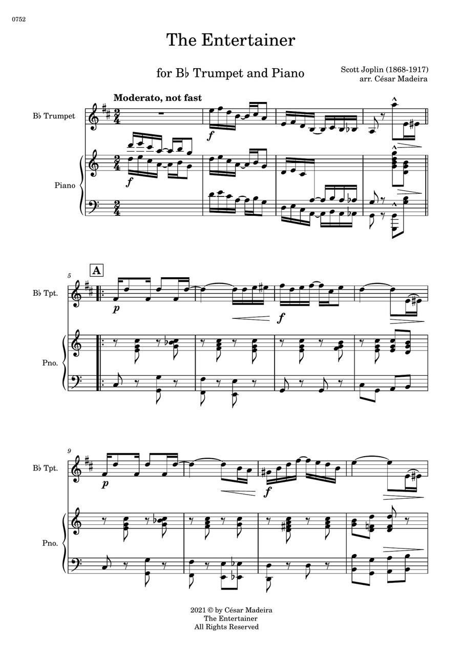 The Entertainer by Joplin - Bb Trumpet and Piano (Full Score and Parts) B-Flat Trumpet scores gallery preview page 2