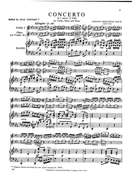 Concerto In C Minor, S. 1060 For Violin, Oboe & Piano Or 2 Violins & Piano