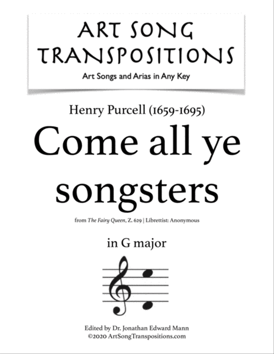 PURCELL: Come all ye songsters (transposed to G major) Voice scores gallery preview page 1